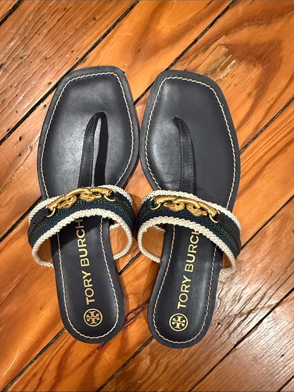 Tory Burch Navy Braided Strap Sandals with Gold Chain